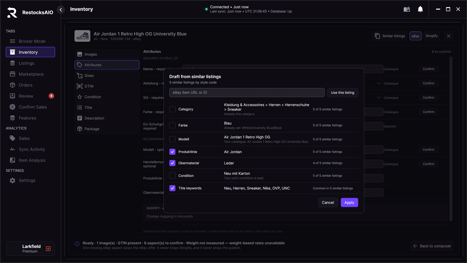 Draft from similar listings: category, item details and title keywords from five similar eBay listings