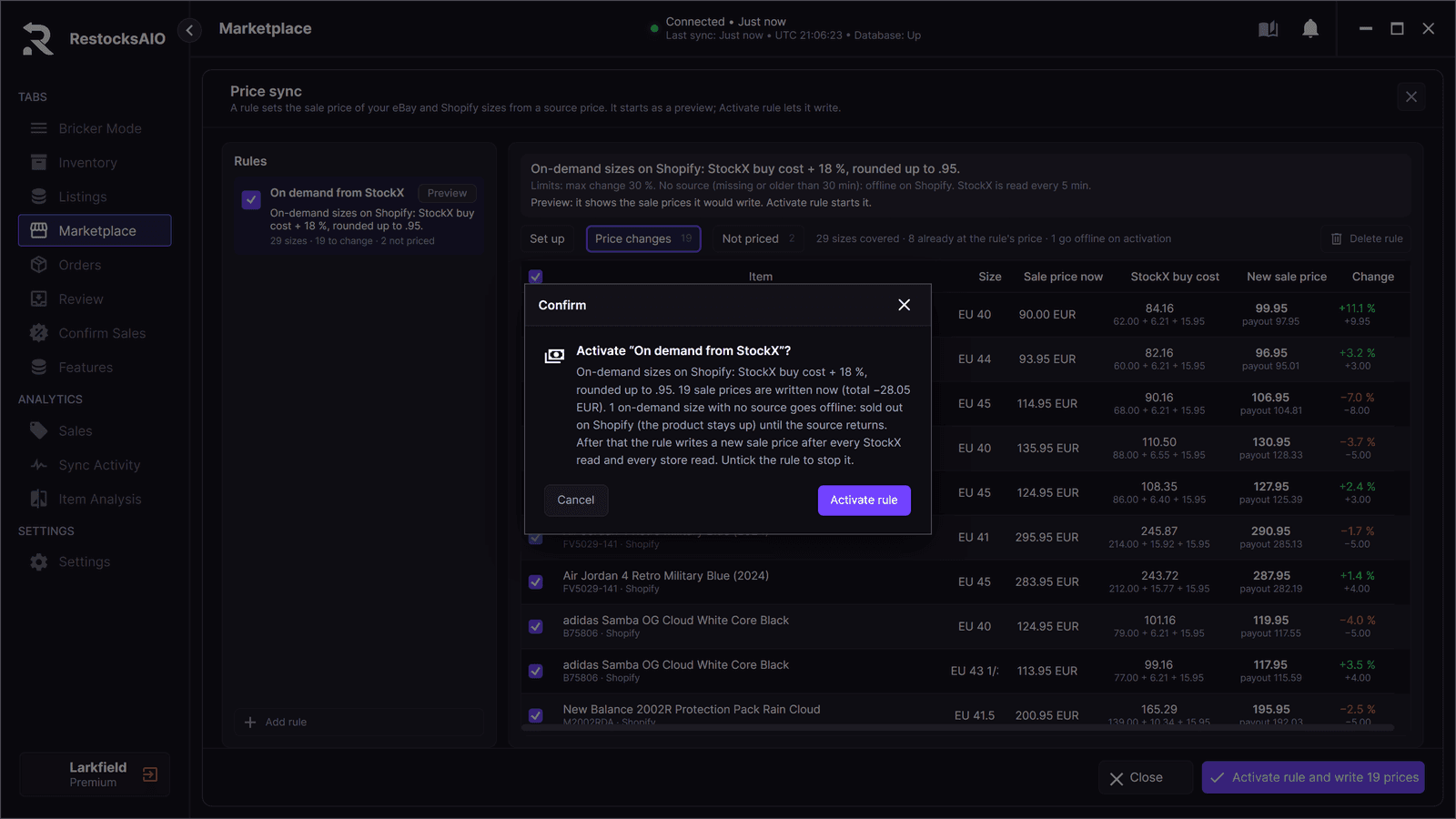 The confirmation before a Price sync rule writes its prices