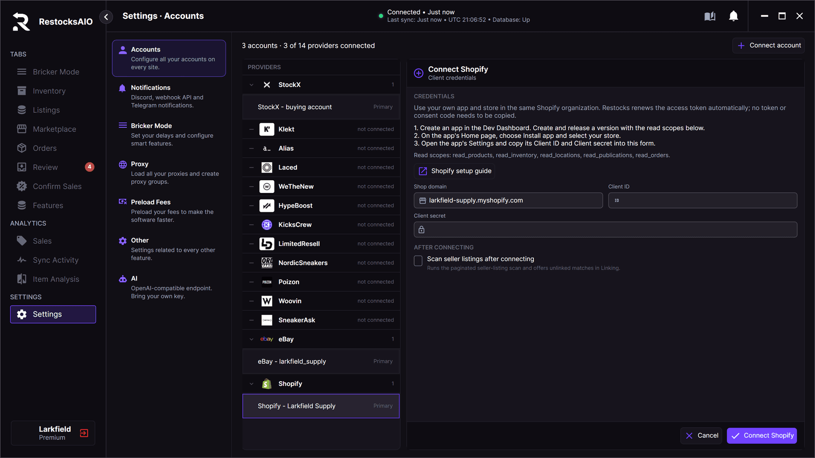 Settings, Accounts: the Connect Shopify form beside the list of connected accounts