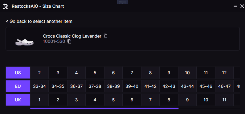 RestocksAIO Size Chart mapping US, EU and UK sizes for a Crocs product