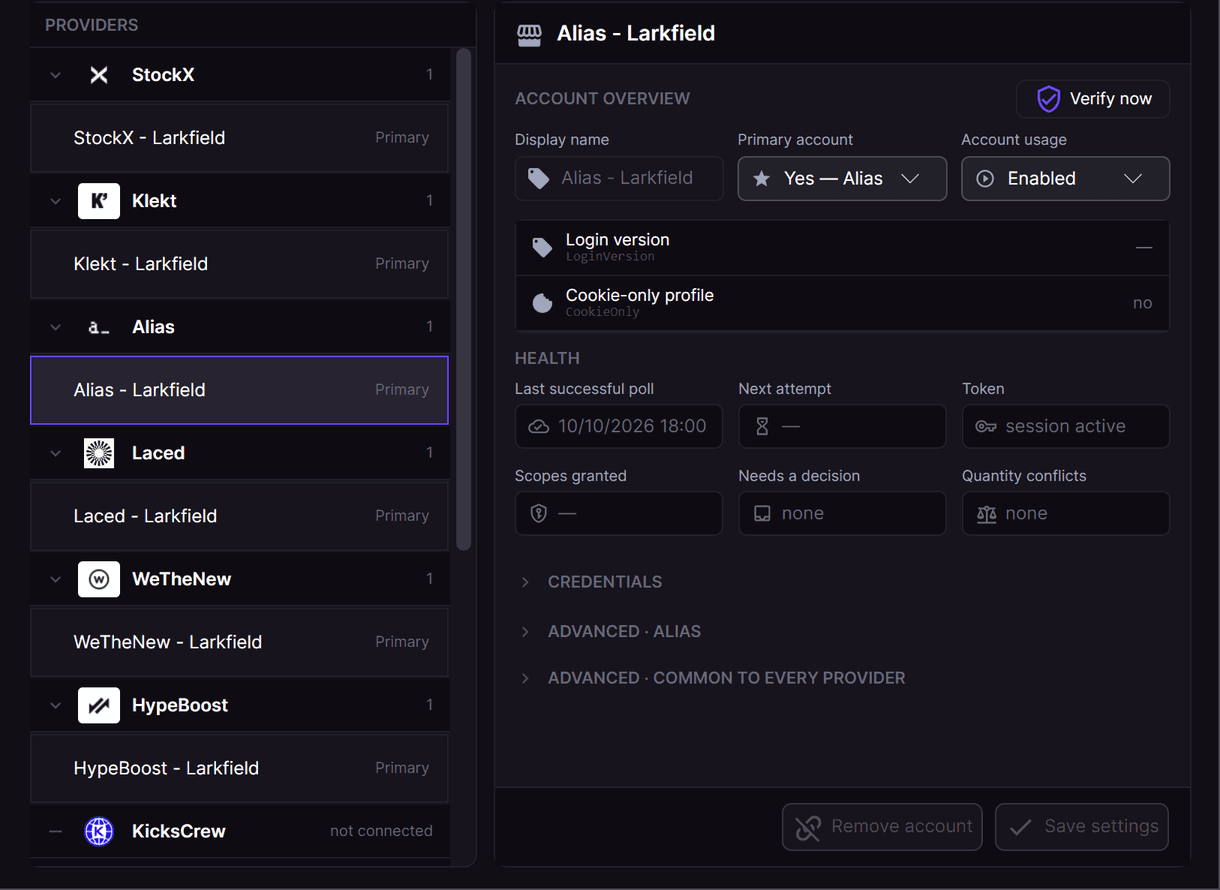 Settings, Accounts in RestocksAIO: die Liste der Marktplätze und ein verbundenes Konto