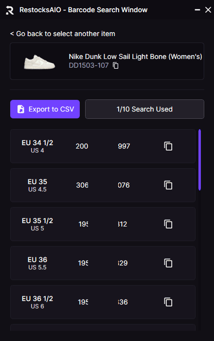 Barcode Search panel in RestocksAIO listing every available size and barcode for a SKU