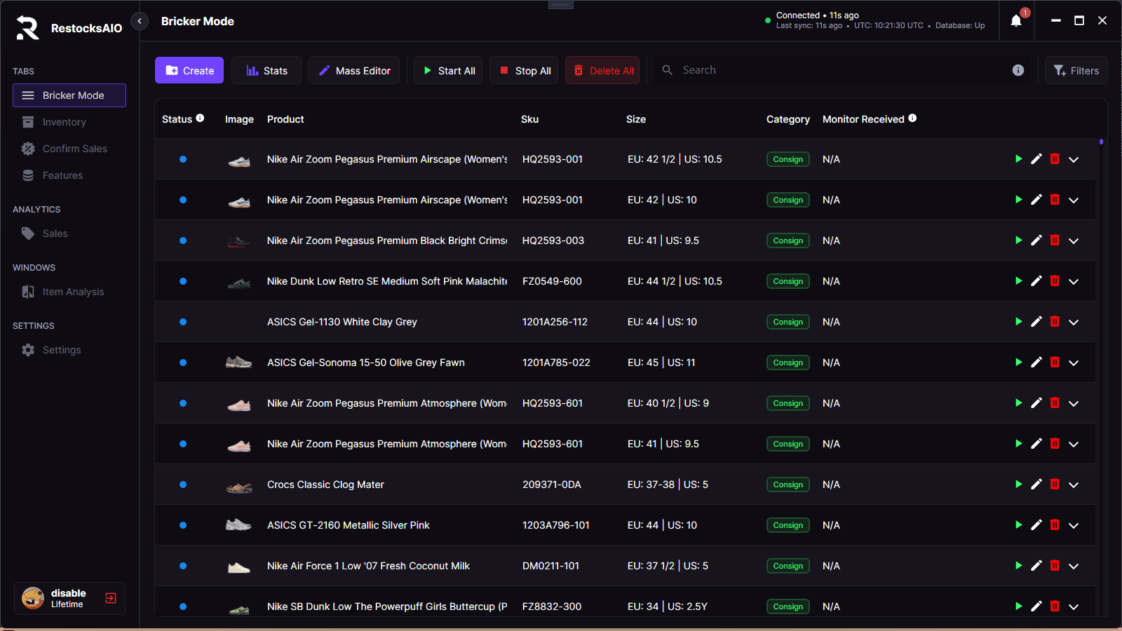 Bricker Mode main view inside RestocksAIO with Tasks and Controllers