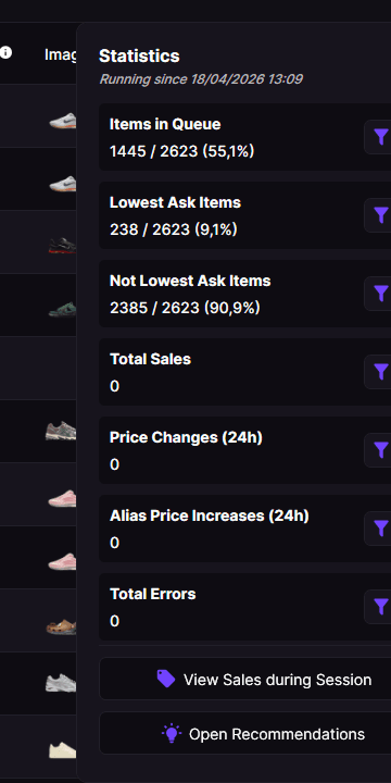 Bricker Stats popup showing tokens like Not Lowest Ask, 24h Price Changes, Has Errors and Session Sales