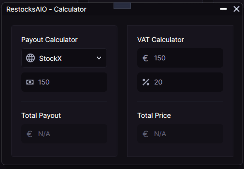 RestocksAIO calculator comparing marketplace payouts for an item