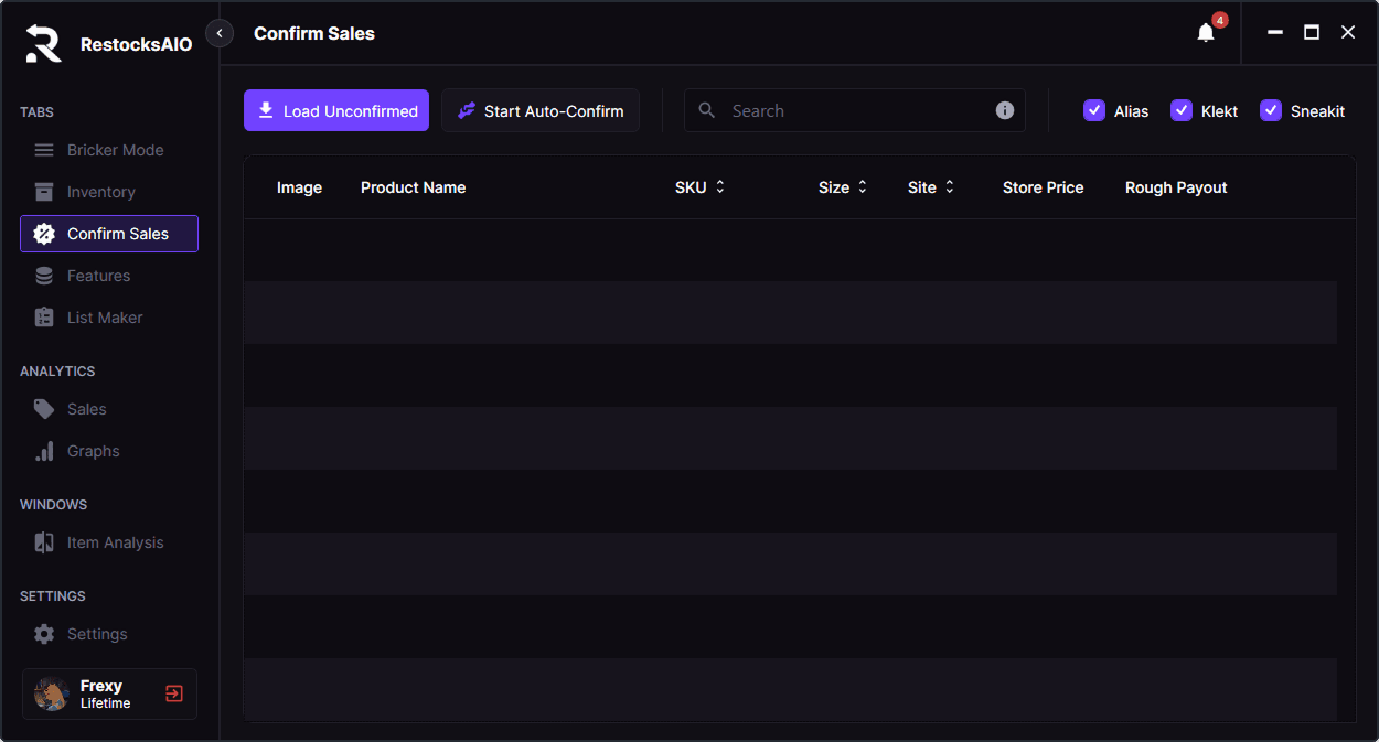 Confirm Sales window in RestocksAIO with pending sales and the per-site toggles