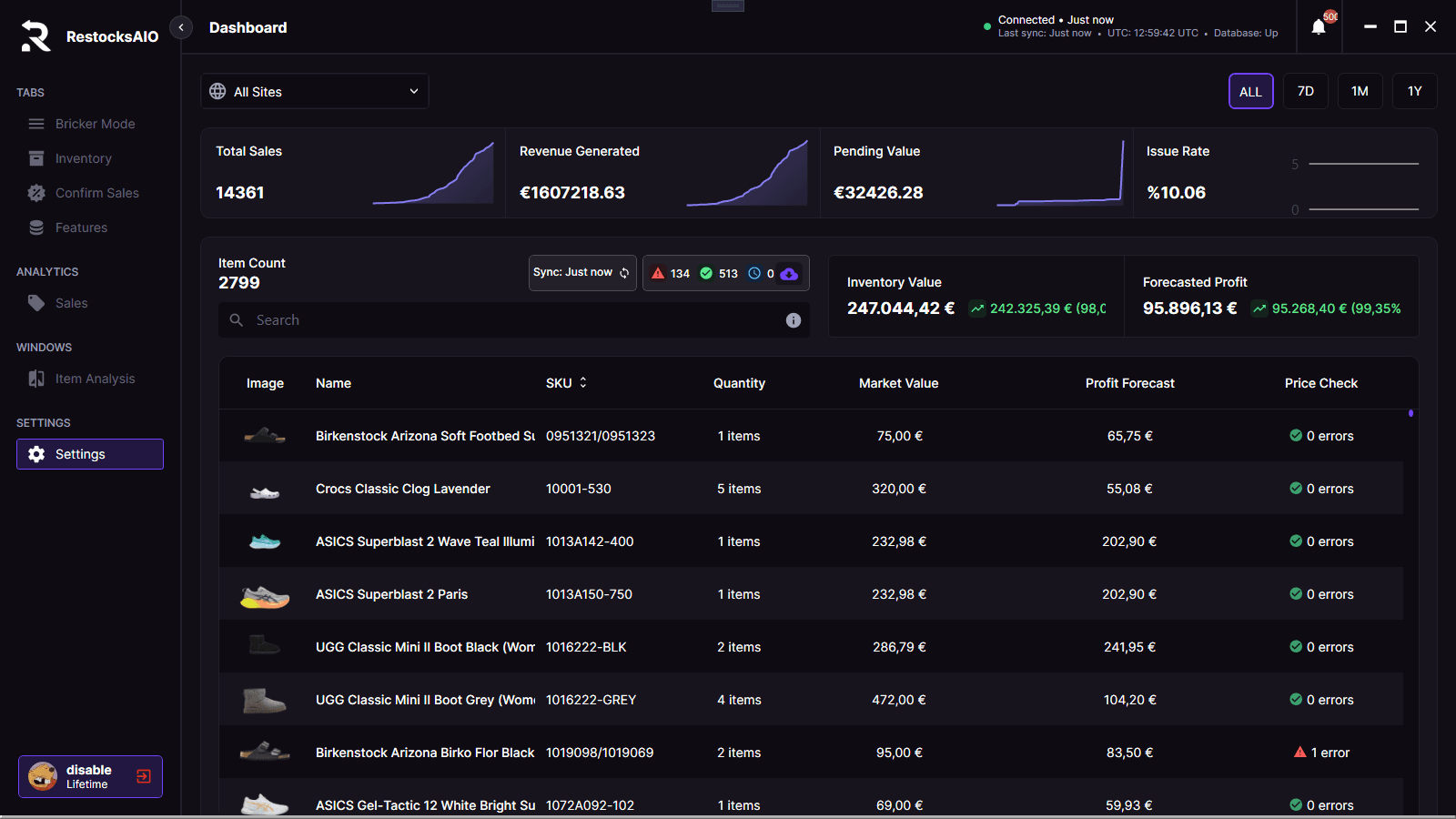 Dashboard in RestocksAIO with Sales Overview and Inventory Insights