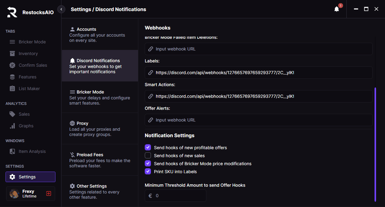Discord notifications from RestocksAIO showing sale and offer alerts with product, SKU and payout