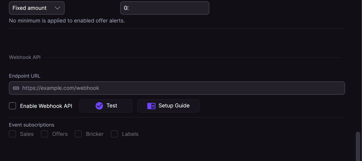 Settings、Notifications 中的 Discord 部分：Sales、Invoices、Bricker Mode、Bricker Mode Failed Item Deletions 和 Labels 的 webhook 字段