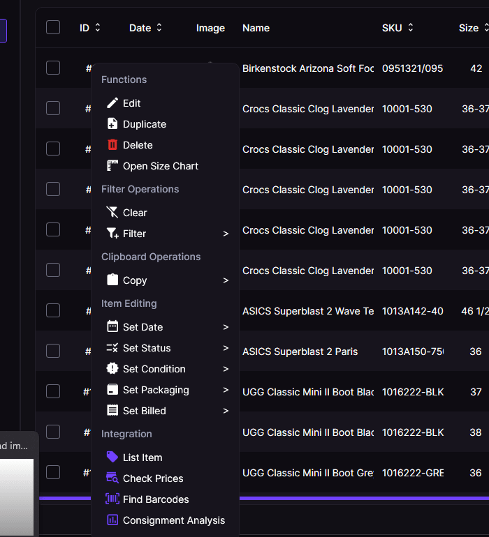 RestocksAIO inventory context menu showing shared catalogue actions on a footwear item