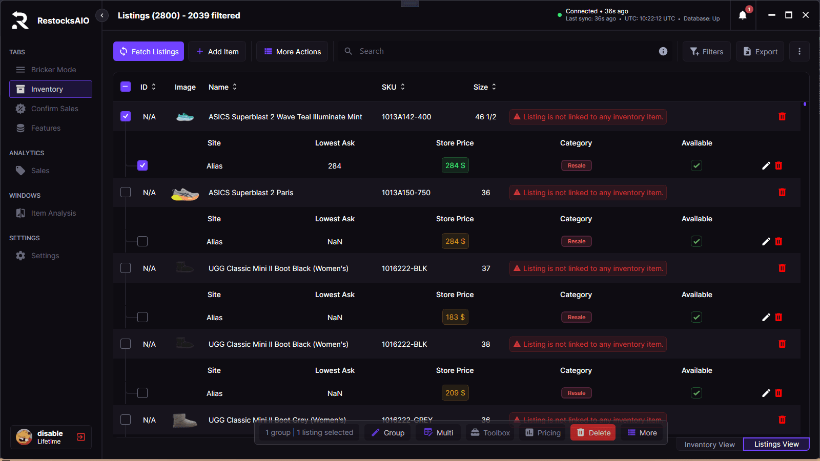 Grouped listings view inside RestocksAIO with the same item listed across several marketplaces