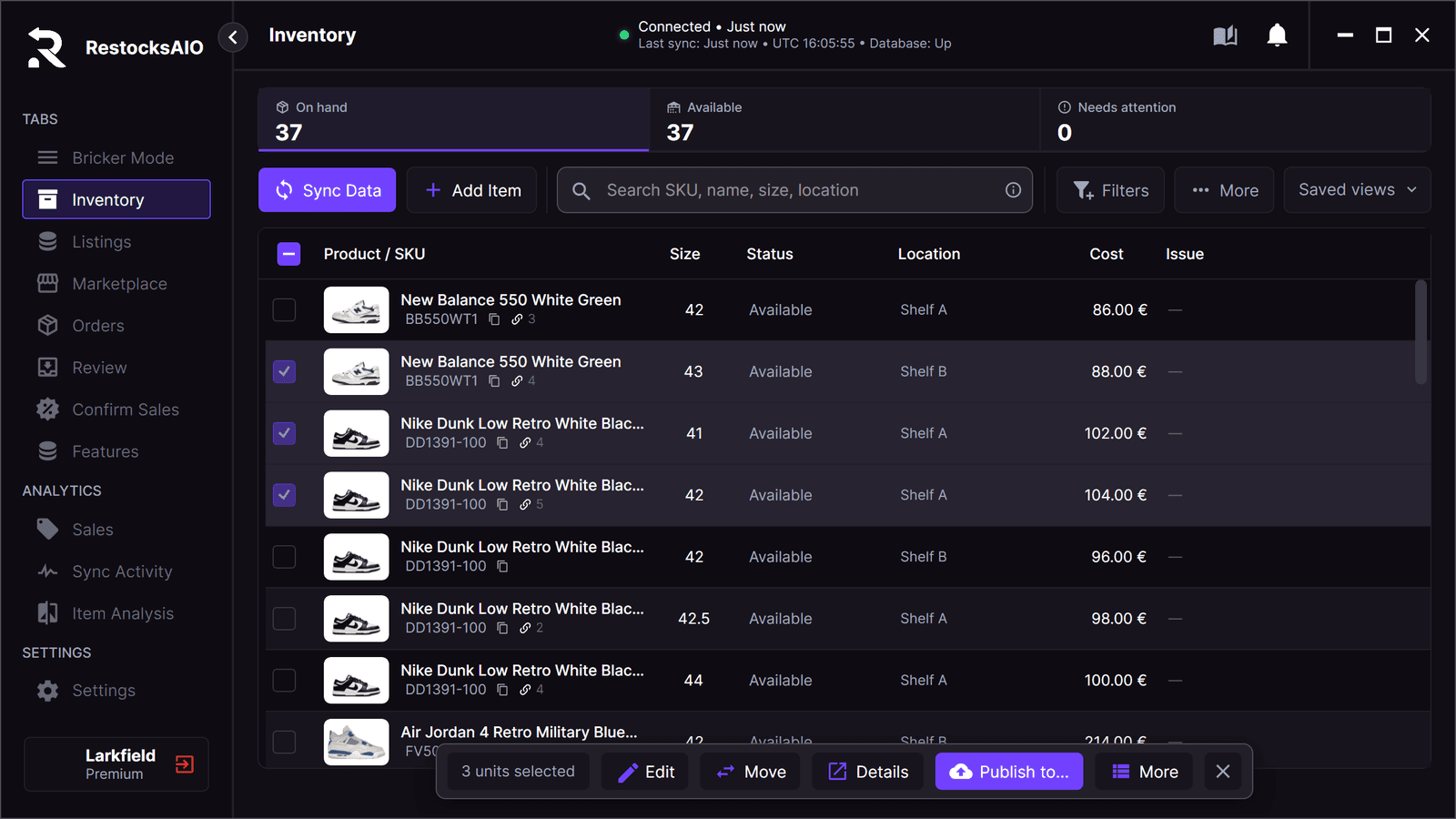 Inventory in RestocksAIO with three pairs ticked and the Publish to button