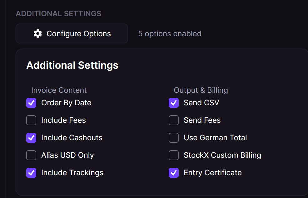 Additional Settings della scheda Generate Invoices con Entry Certificate selezionato