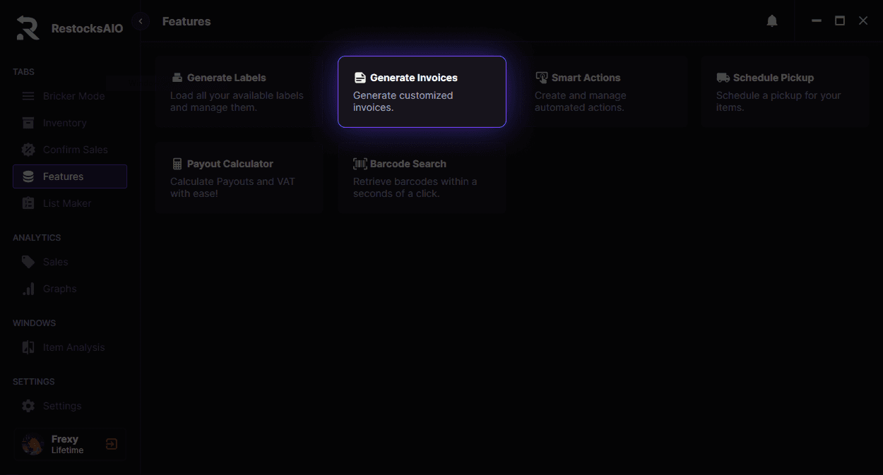 Invoice Dialog in RestocksAIO with Profile Settings, presets and generation options