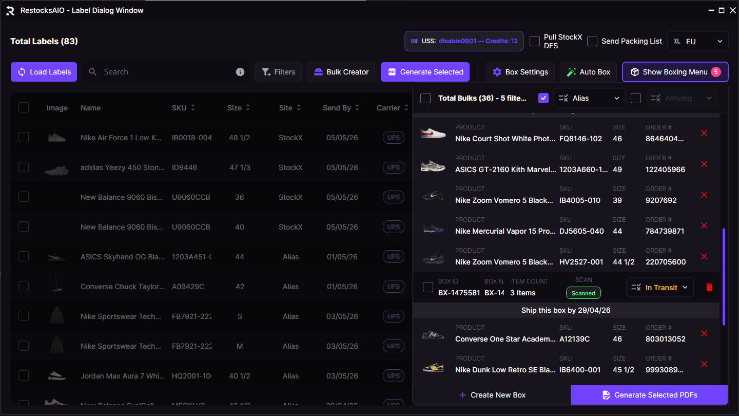 Label Dialog in RestocksAIO with Bulk Creator, Auto Box and StockX Request Ship Extension