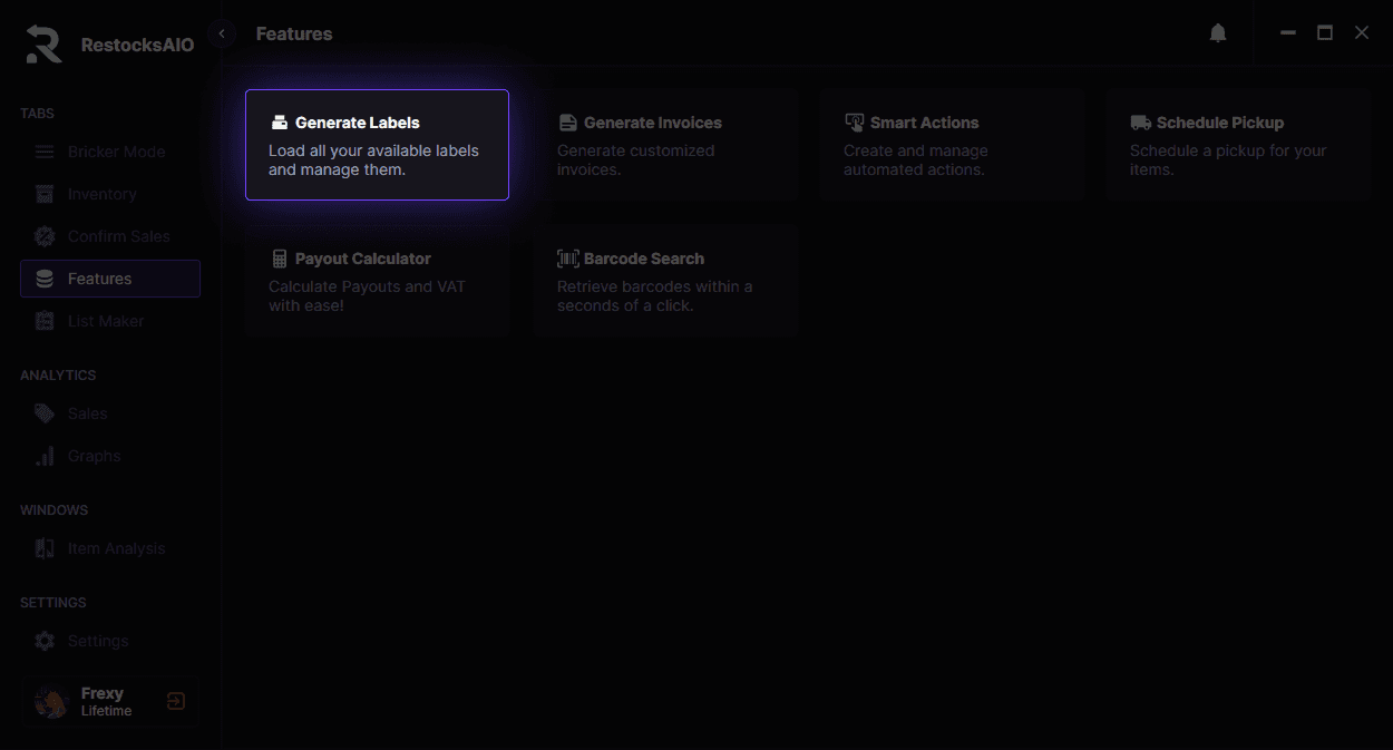 Shipping labels generated from confirmed sales inside RestocksAIO