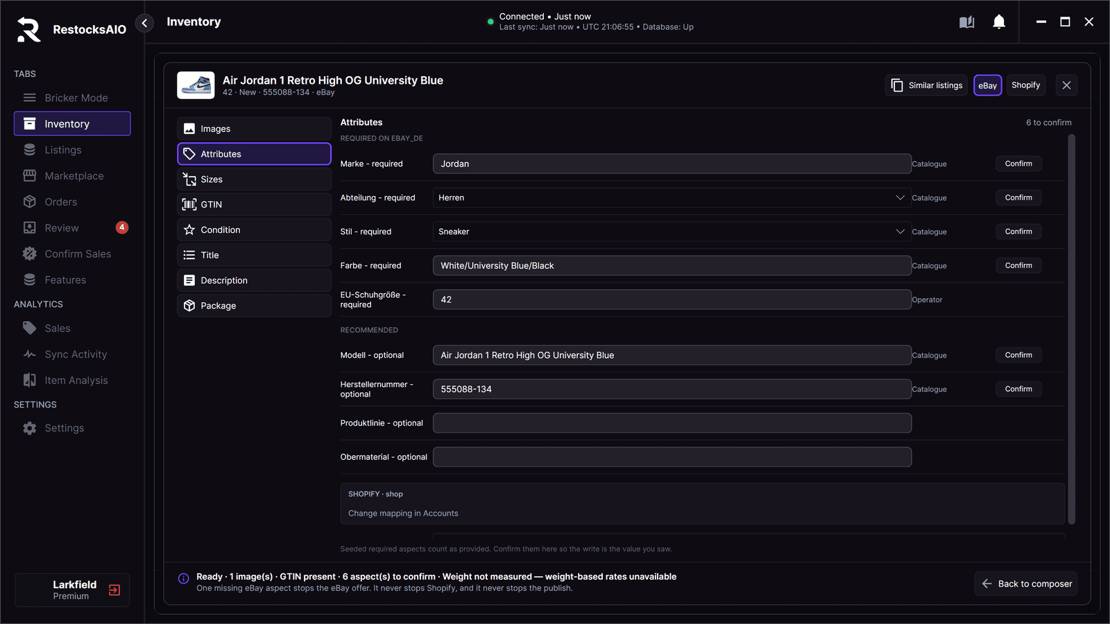 eBay listing generator for sneakers: Listing quality with the required item specifics filled from the catalogue