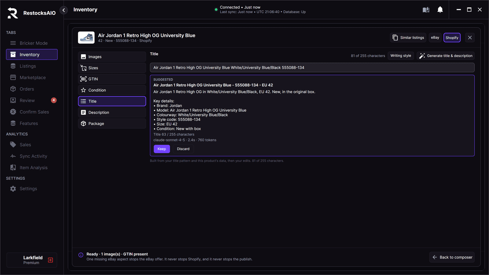 Listing quality, Title: a suggested title and description with the Keep and Discard buttons