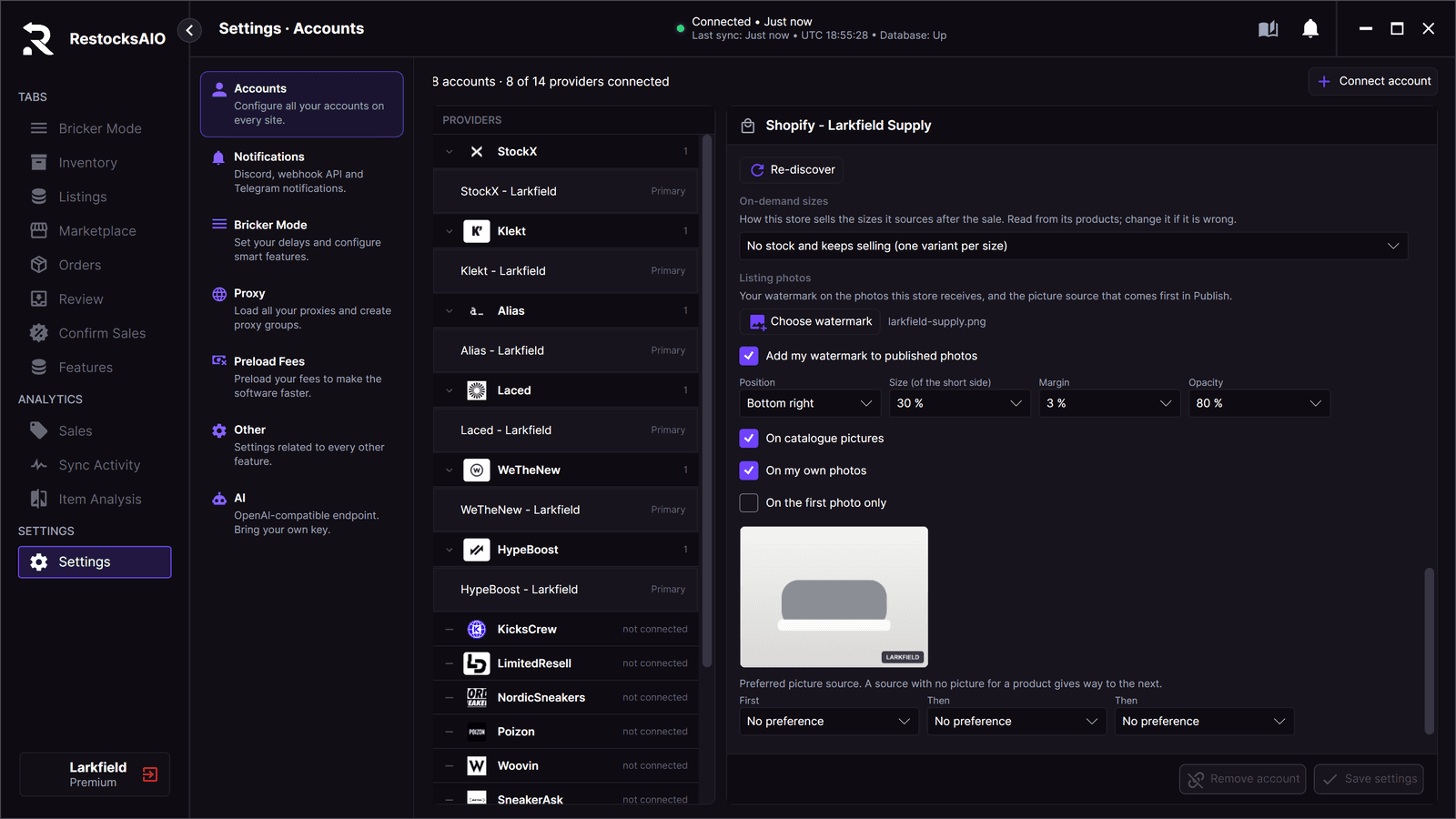 Settings, Accounts: the Listing photos settings of a Shopify store with a watermark and its preview