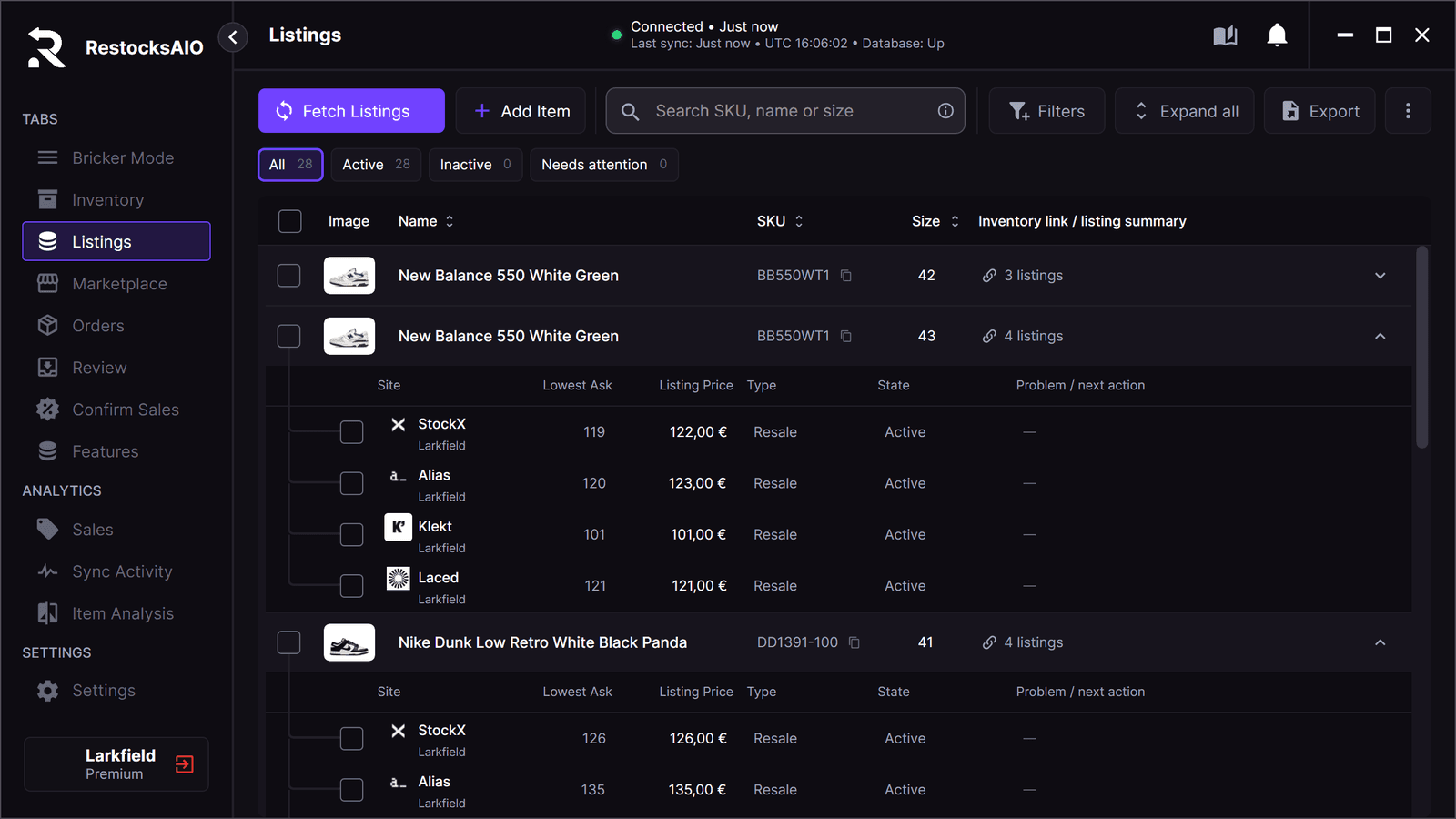 O separador Listings no RestocksAIO: um par com o respetivo anúncio em cada marketplace