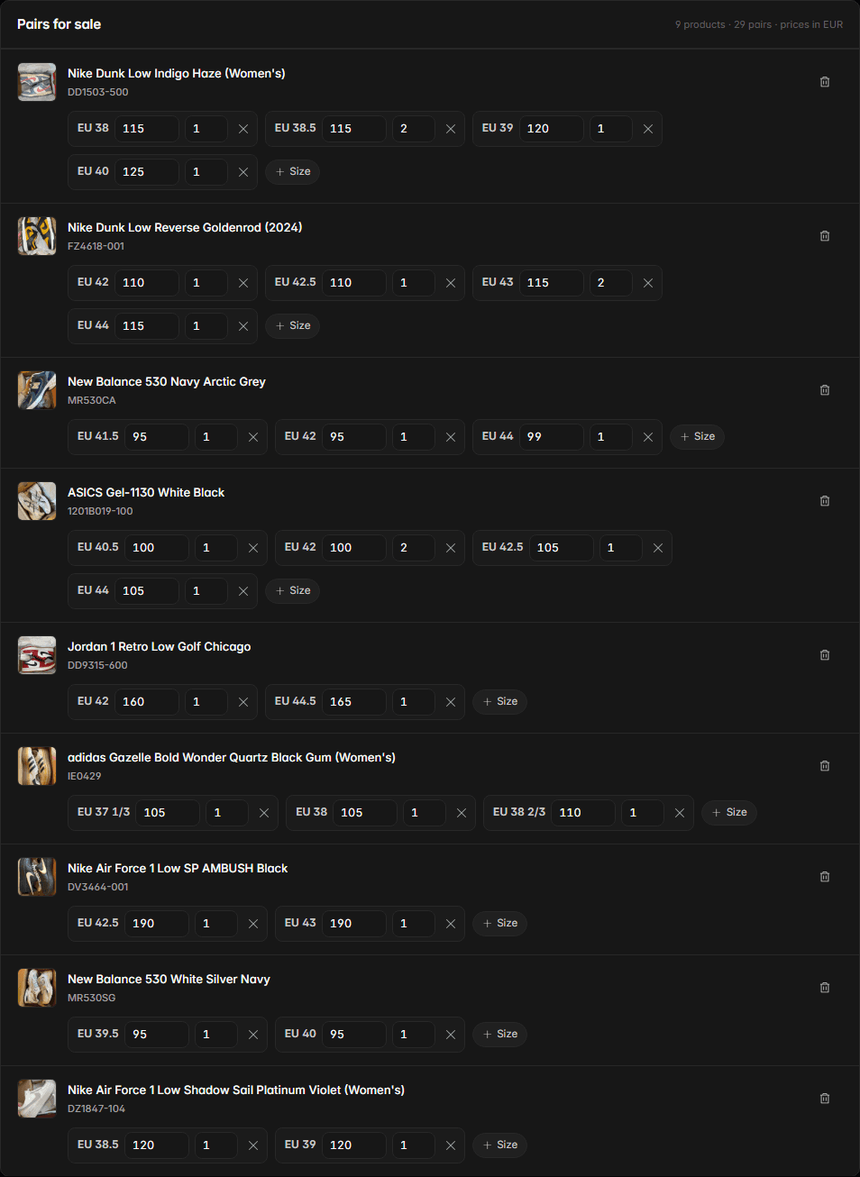 Pairs for sale in the list builder: each size with its own price and number of pairs