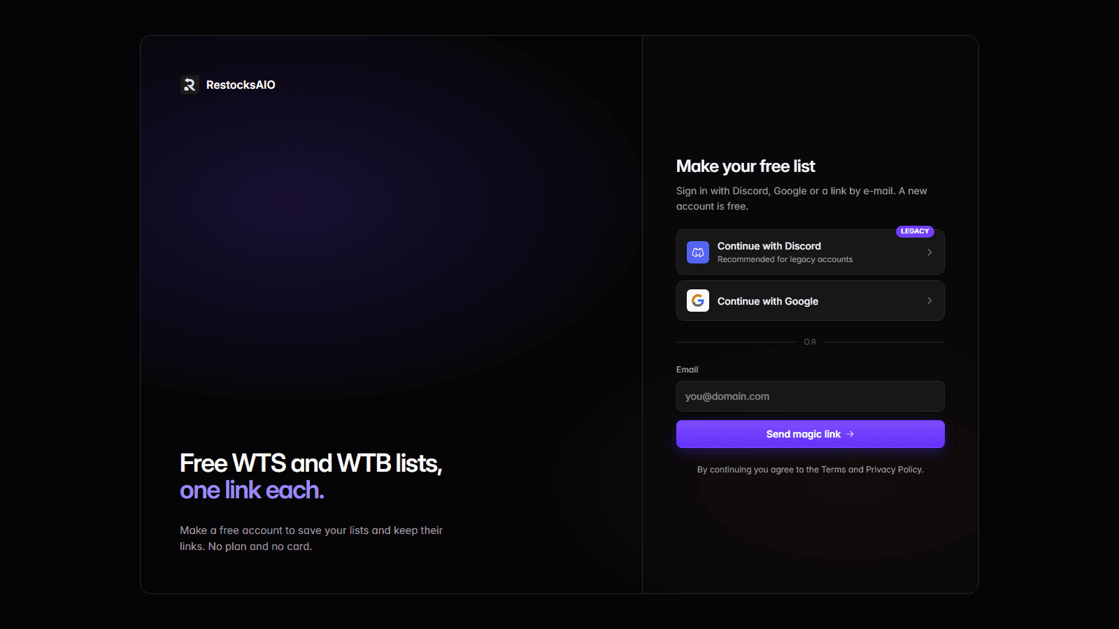 Make your free list: sign in with Discord, Google or a link by e-mail