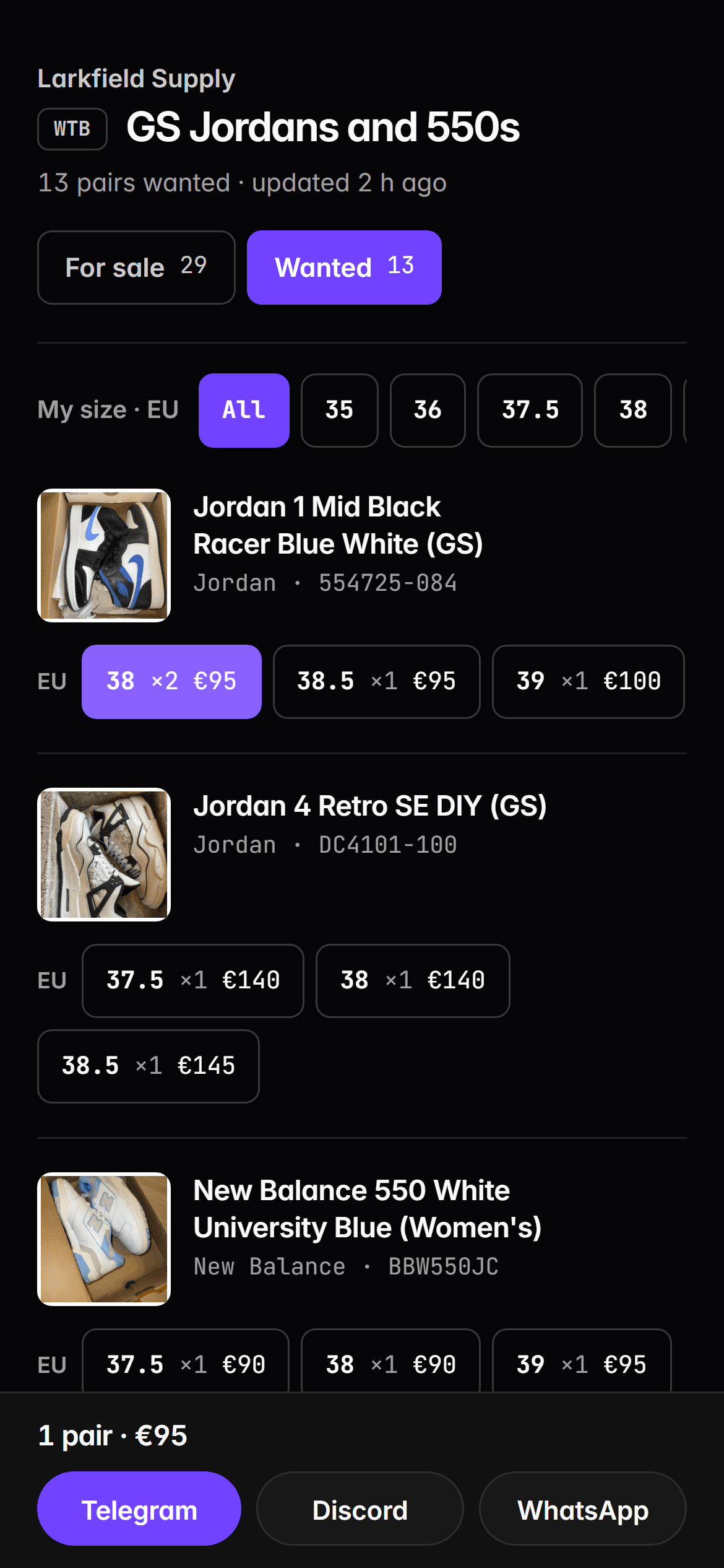 A free WTB list on a phone: the pairs the seller wants, with the price paid for each size
