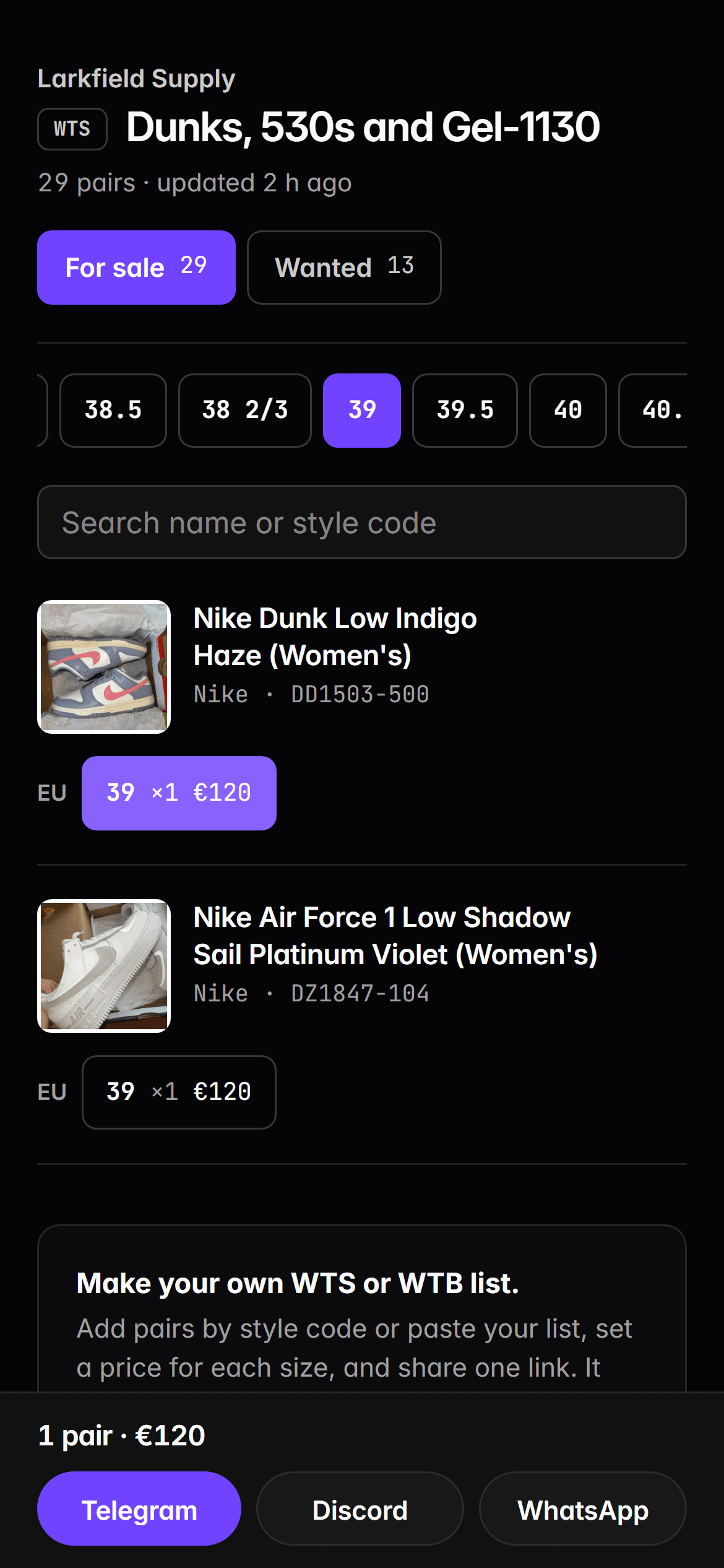 A free WTS list on a phone: My size set to EU 39, one pair chosen and the Telegram, Discord and WhatsApp buttons