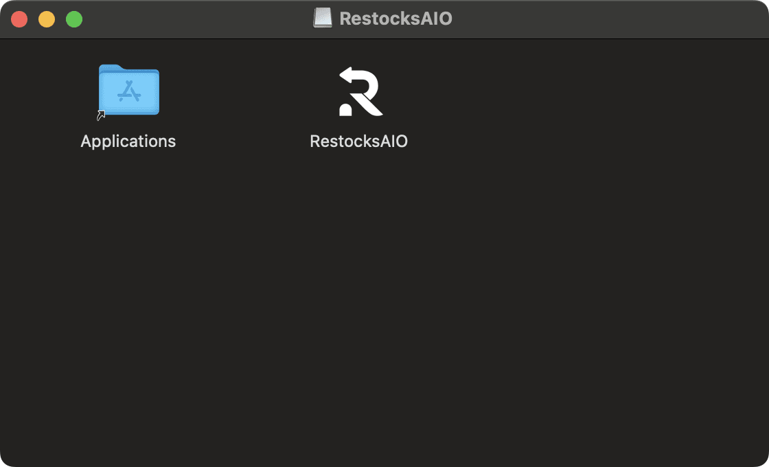 The Finder window of the RestocksAIO download on a Mac: the Applications shortcut and the RestocksAIO app