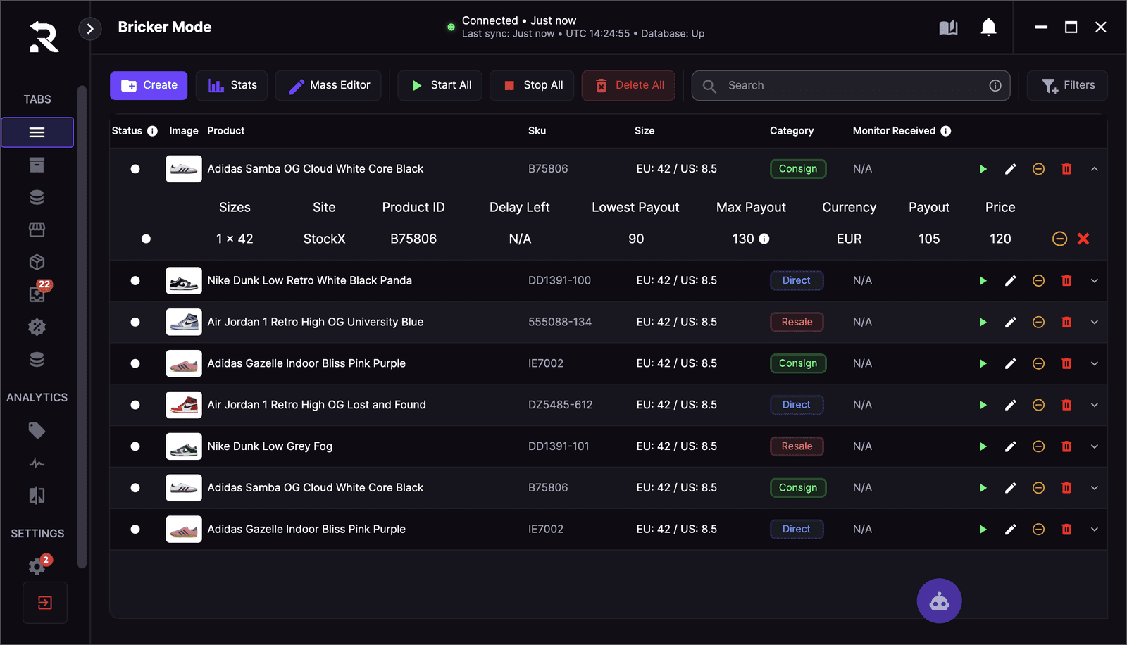 RestocksAIO on a Mac: Bricker Mode with eight controllers, the first one open with its StockX task