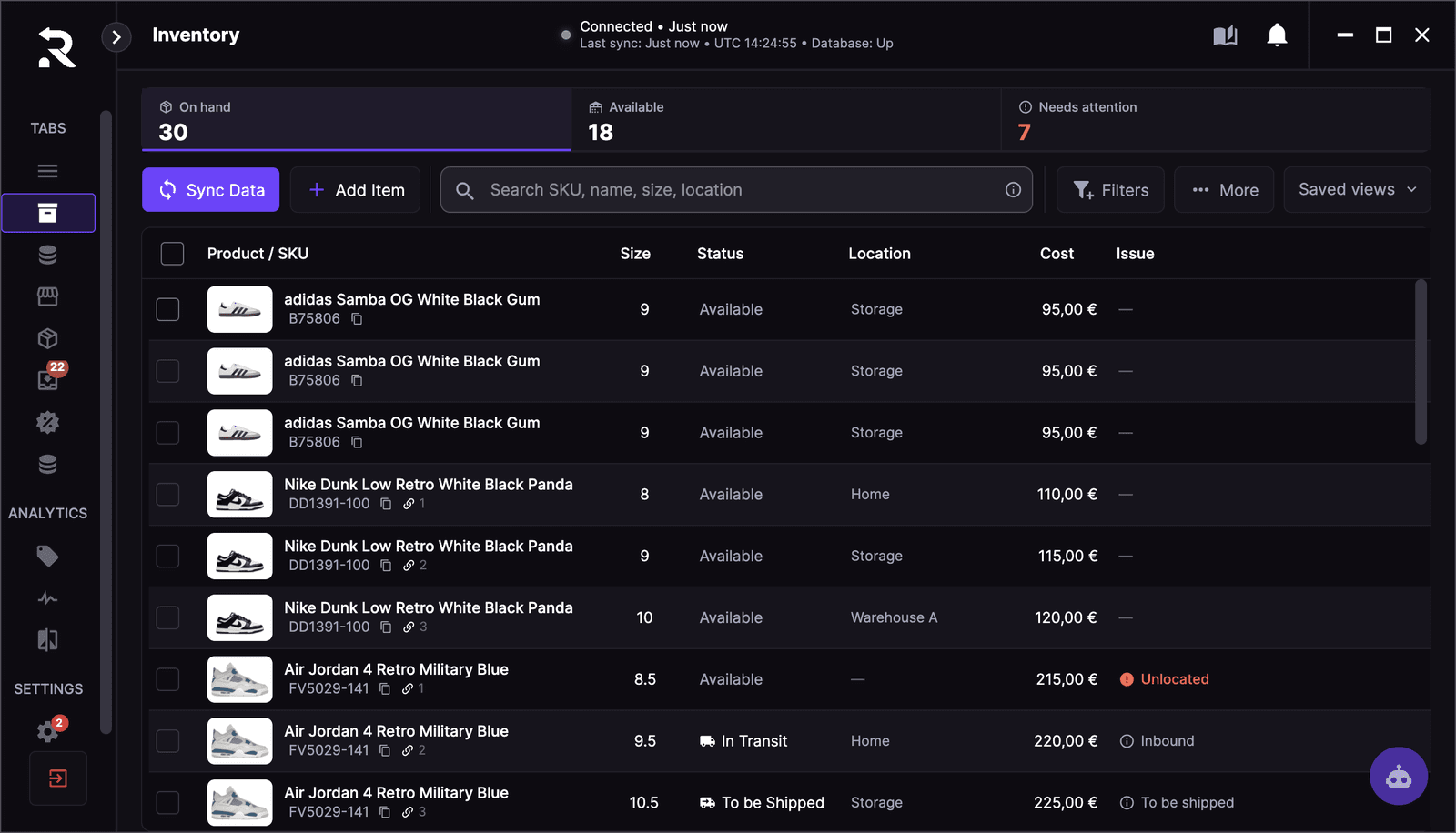 Sneaker reseller software for Mac: the Inventory tab of RestocksAIO in its window on a Mac