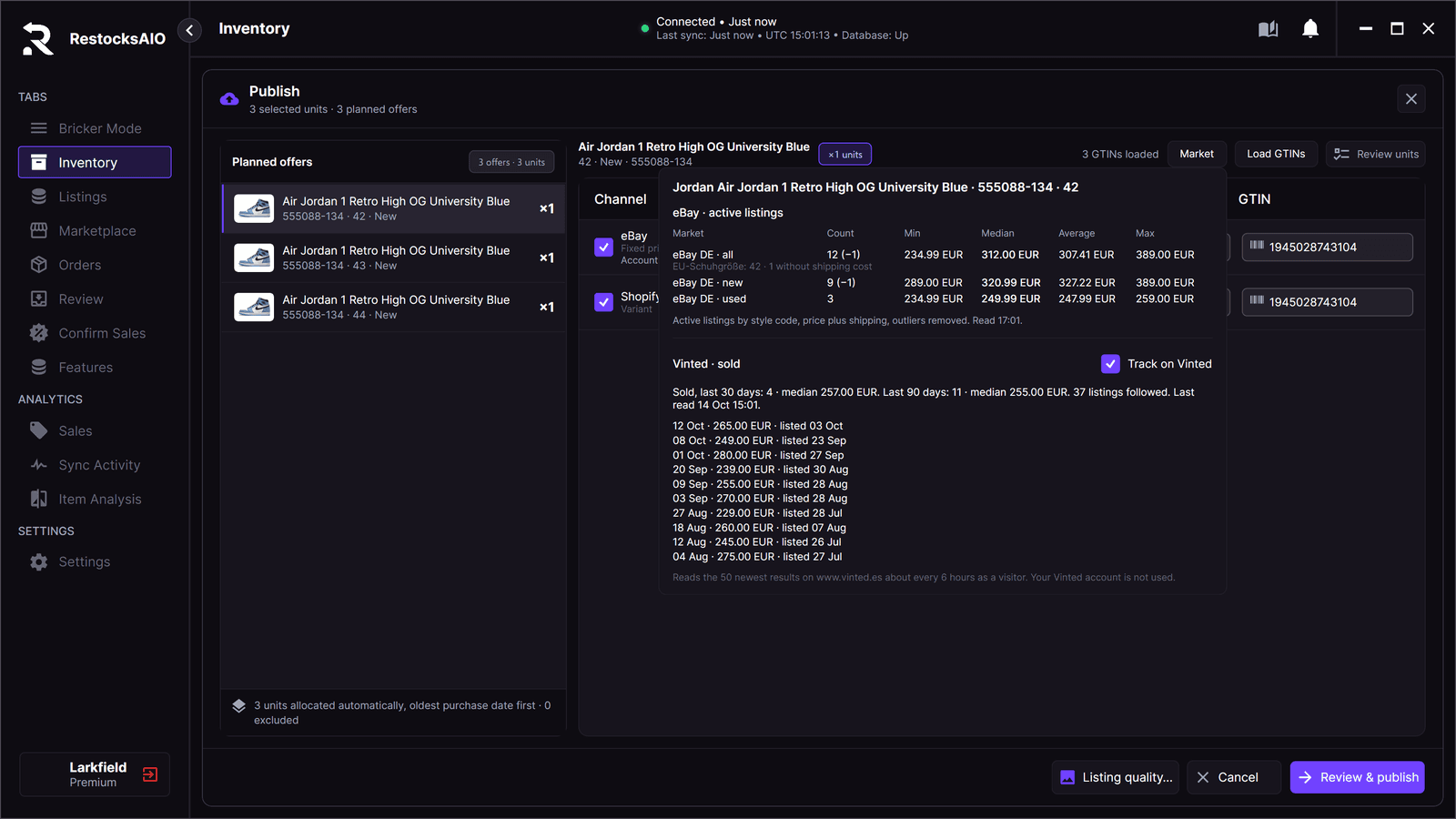 Vinted sold prices and eBay asking prices in the Market panel of the RestocksAIO Publish window