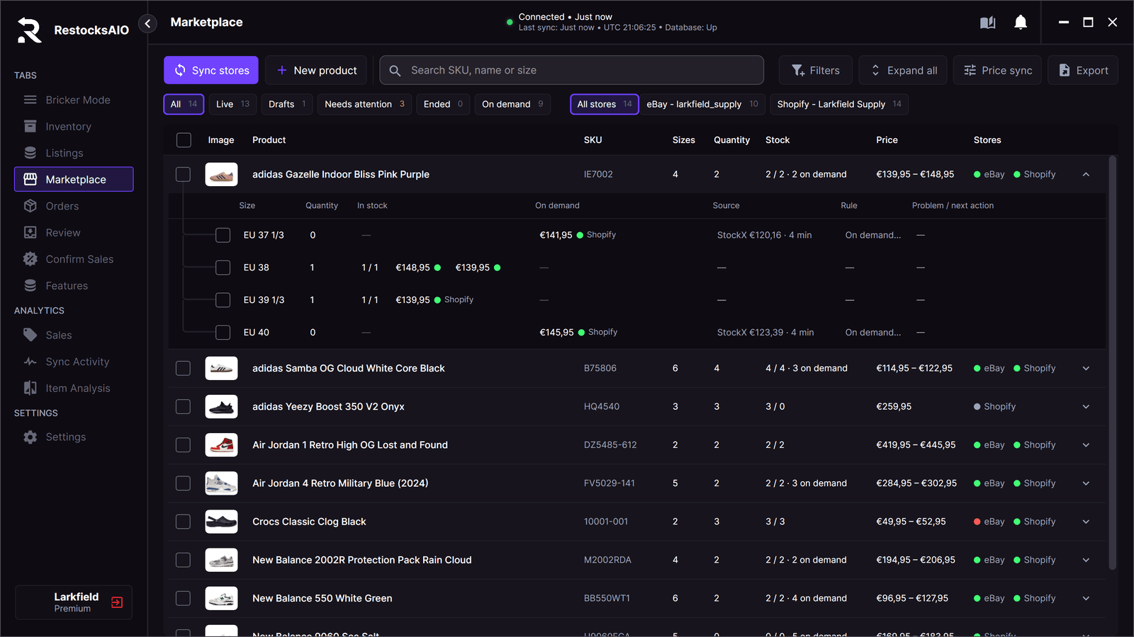 The Marketplace tab in RestocksAIO: products with their sizes, stock and stores