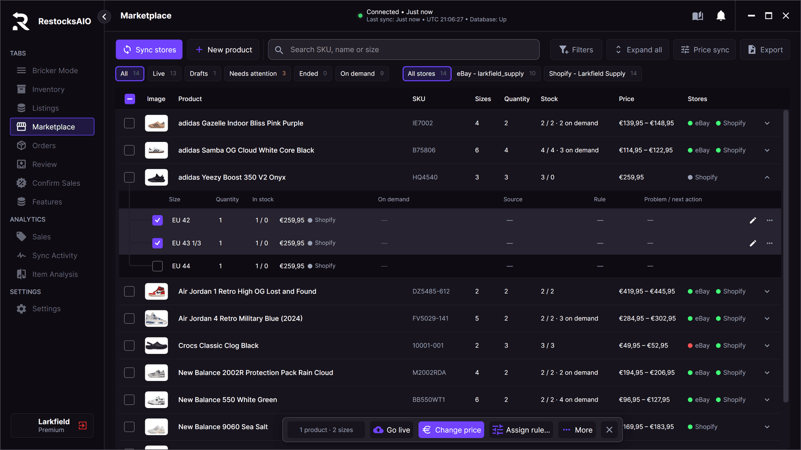 The Marketplace tab with two sizes ticked and the Go live and Change price buttons