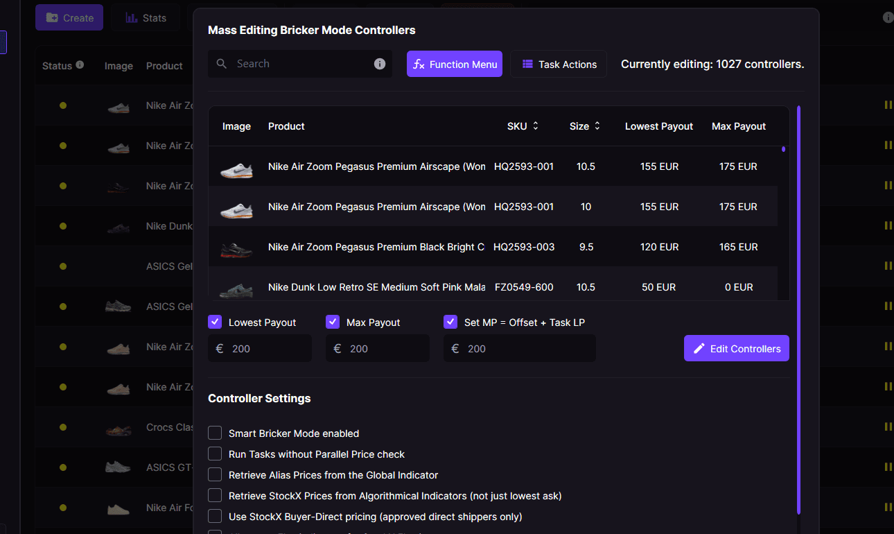Mass Editor inside RestocksAIO with many active listings selected for a bulk edit