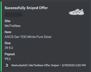 Successful WeTheNew offer snipe notification with the item, size and payout