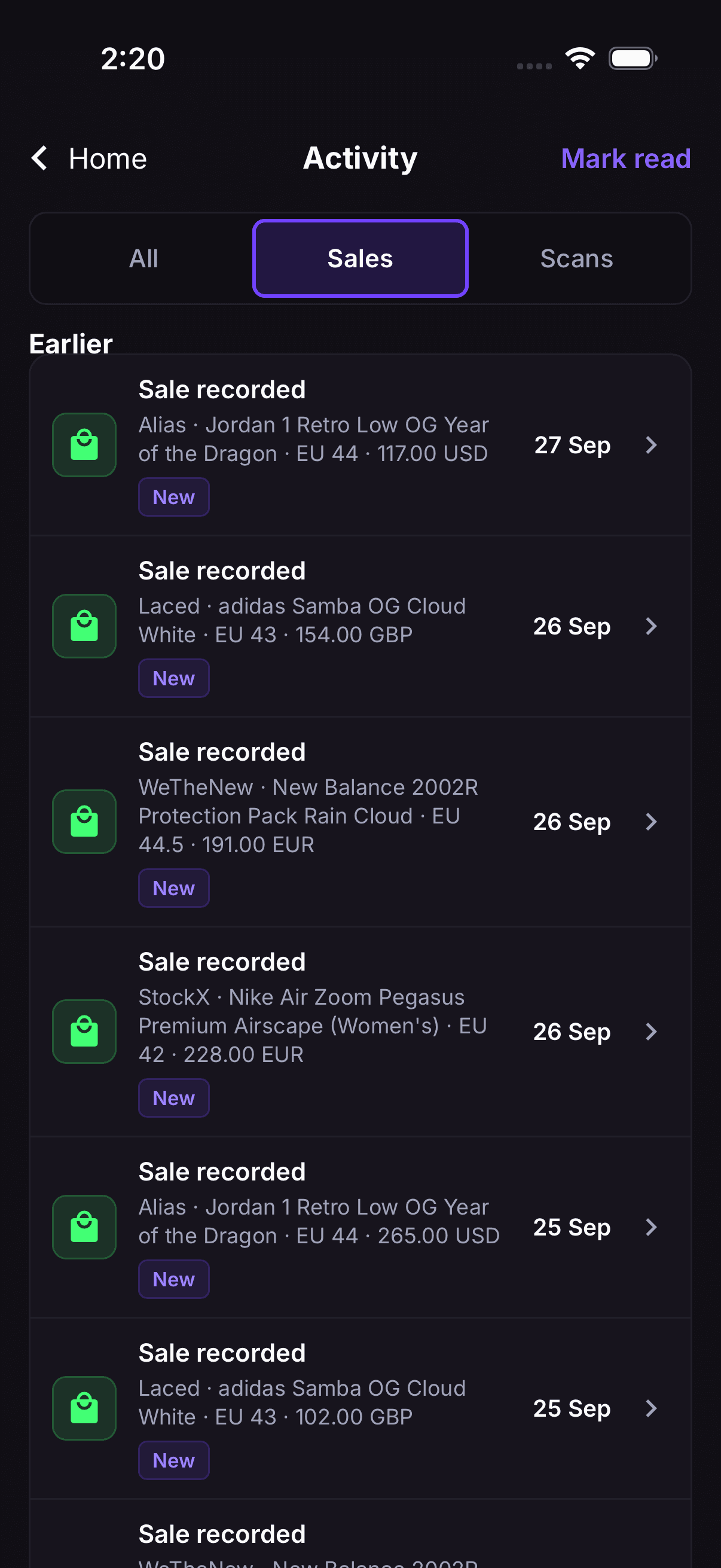 Activity in the RestocksAIO phone app: a list of recorded sales with marketplace, size and amount