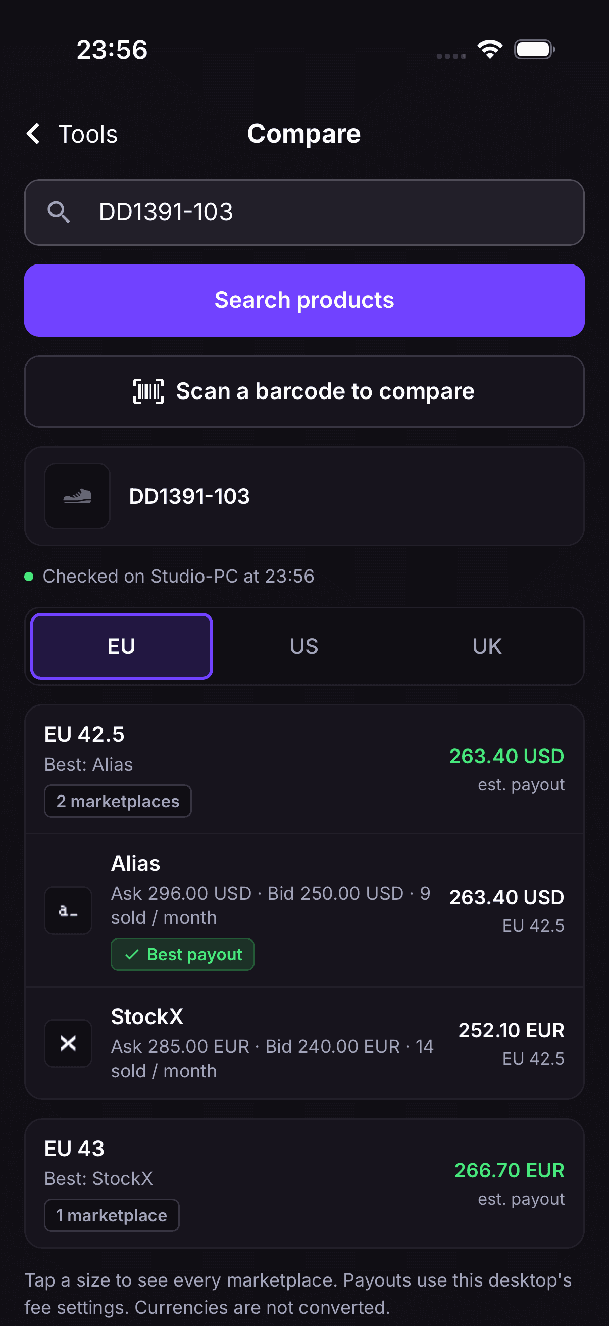 Compare in the RestocksAIO phone app: size EU 42.5 open with ask, bid and payout on Alias and StockX