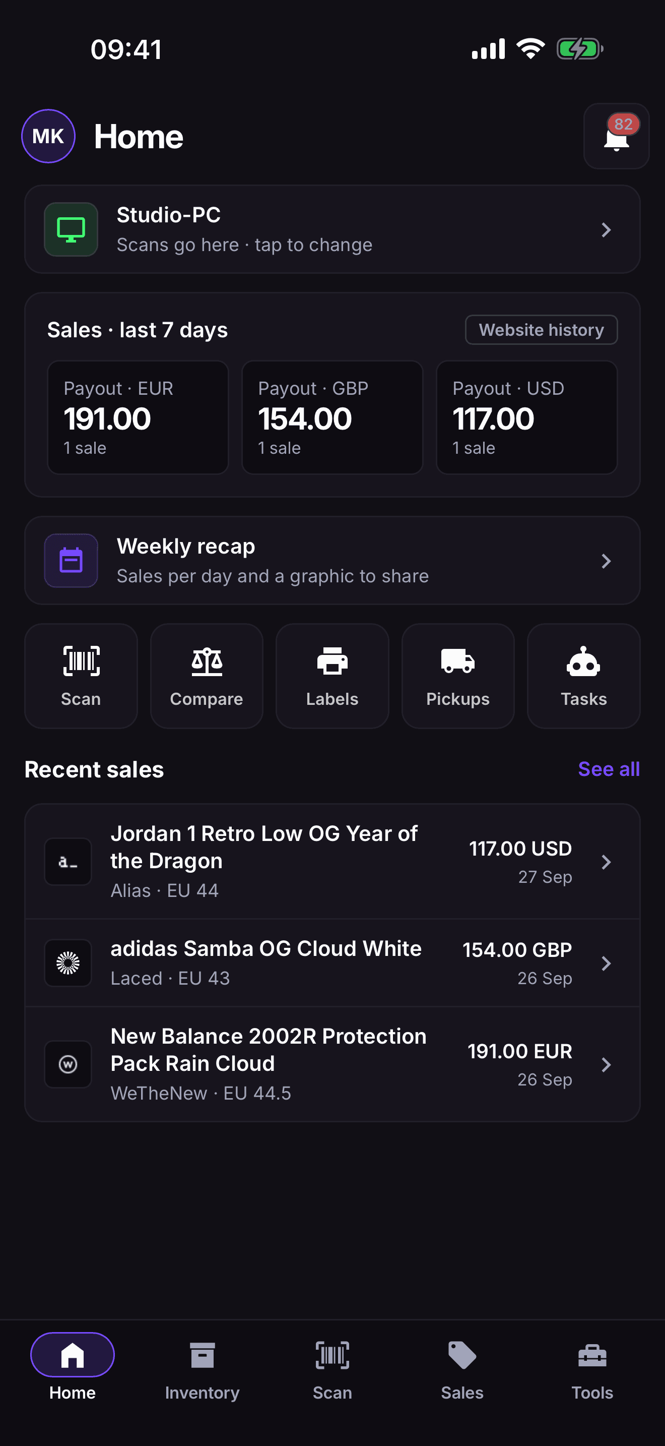 Sneaker reselling app for iPhone and Android: the Home screen of the RestocksAIO phone app with the sales of the last 7 days