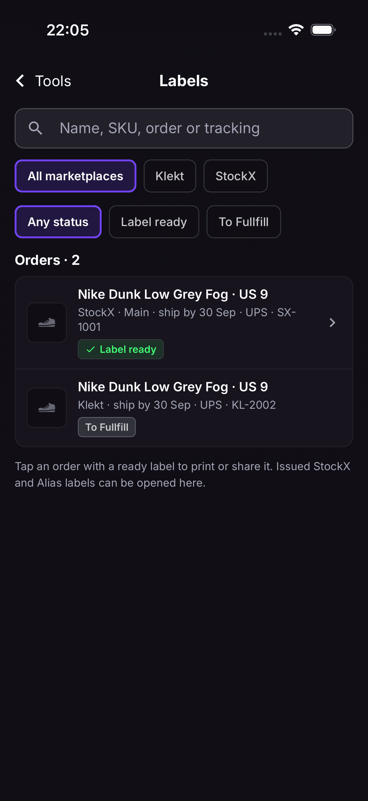 Labels in the RestocksAIO phone app: two orders with ship-by date, carrier and label state