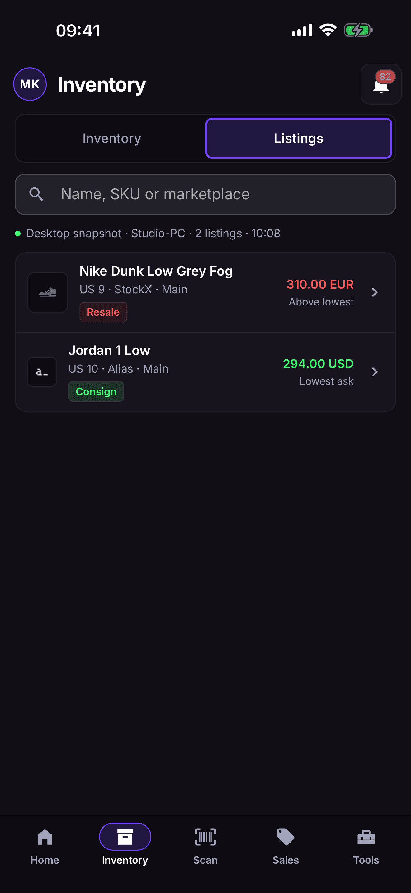 Listings in the RestocksAIO phone app: two listings with marketplace, price and lowest ask state