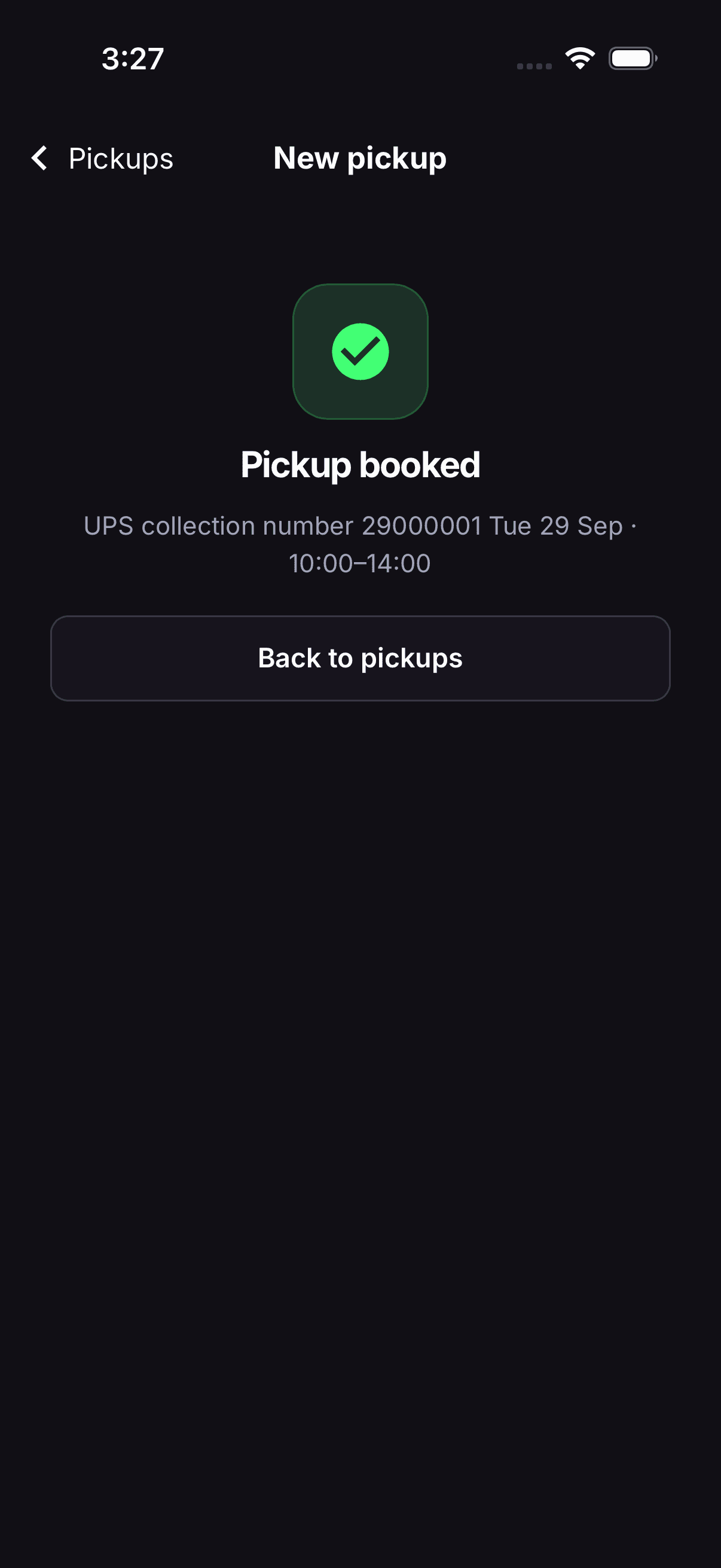 The RestocksAIO phone app after a UPS pickup is booked: collection number, date and time window