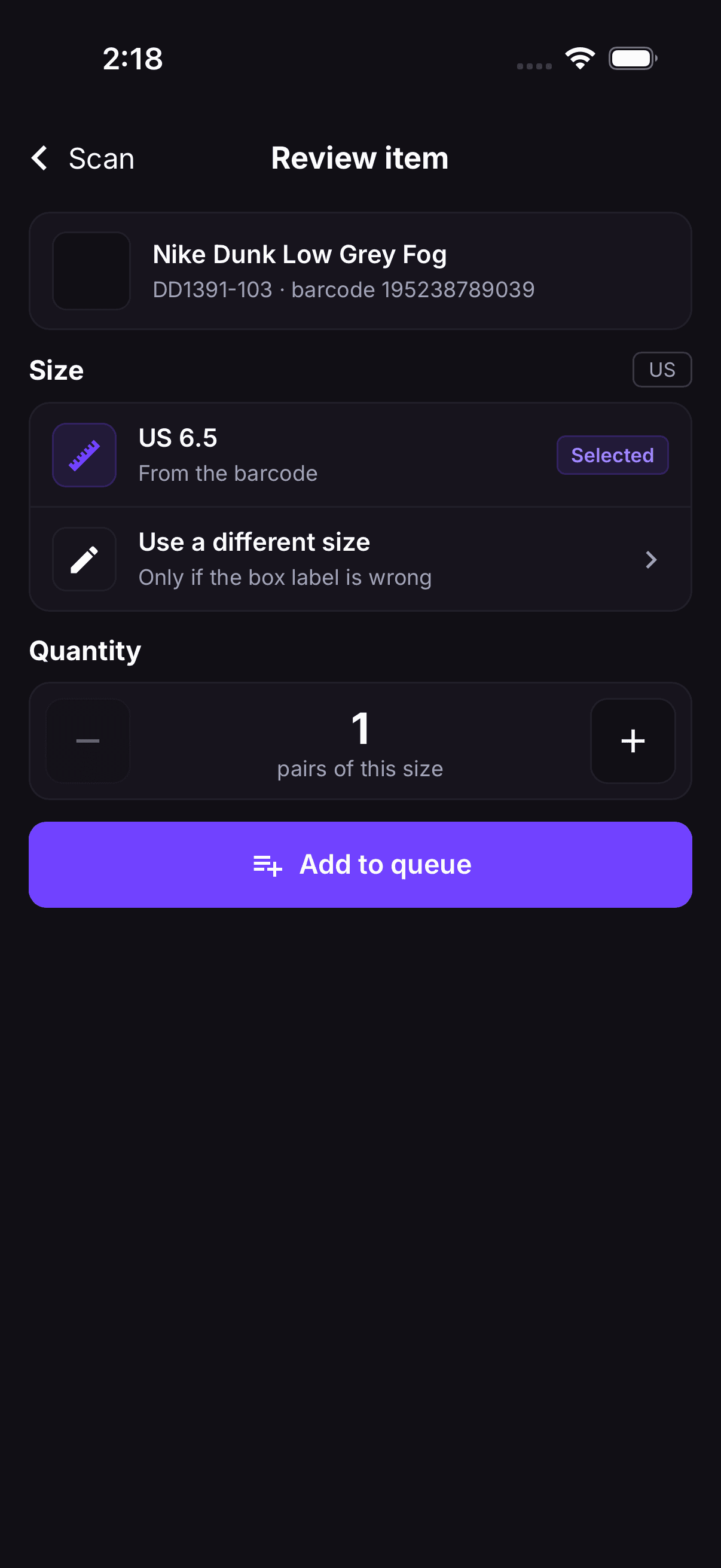 Review item in the RestocksAIO phone app after a barcode scan: the product, the size from the barcode and the quantity