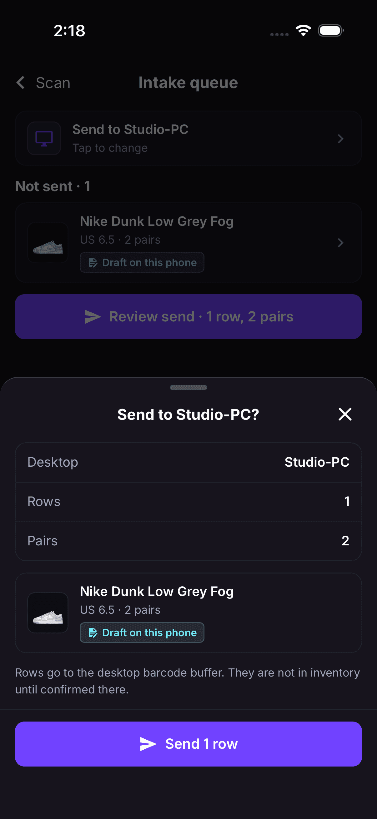 RestocksAIO 手机应用将一行含两双鞋的扫描结果发送到桌面版之前