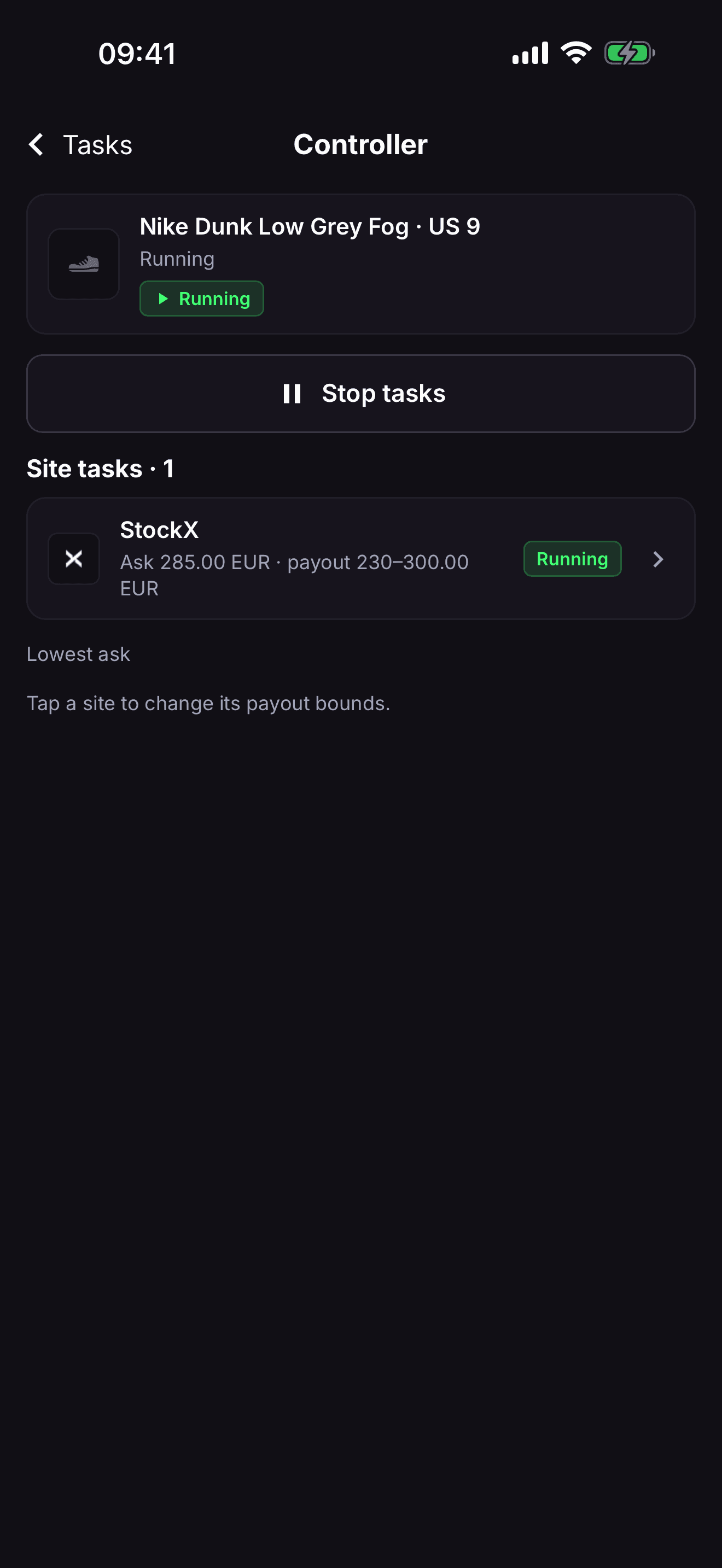 One Bricker Mode controller in the RestocksAIO phone app: a running StockX task with its ask and payout bounds