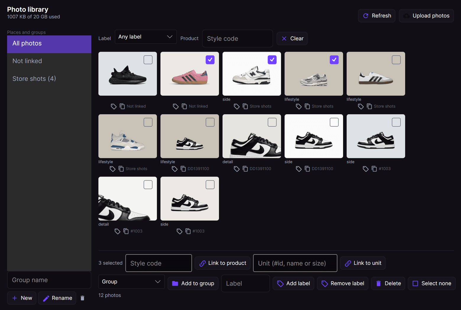 The Photo library of RestocksAIO: stored sneaker photos with labels, links and the bulk actions
