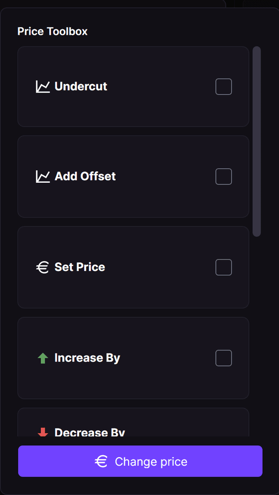 Price Toolbox: Undercut, Add Offset, Set Price, Increase By und Decrease By
