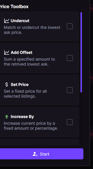 Price Toolbox dialog with per-site payout breakdown and routing actions