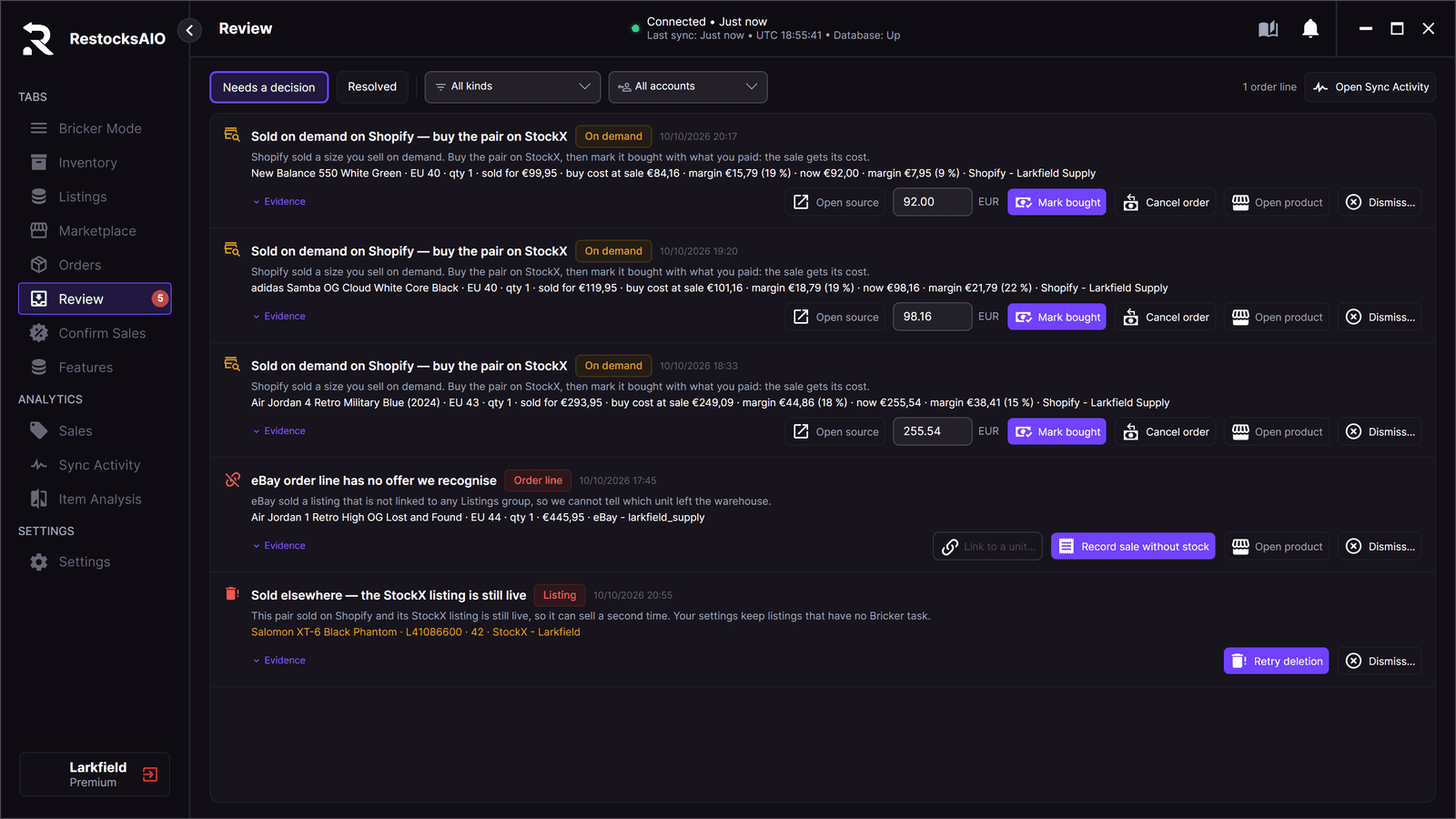 The Review tab with a row for a StockX listing that is still live after the pair sold on Shopify