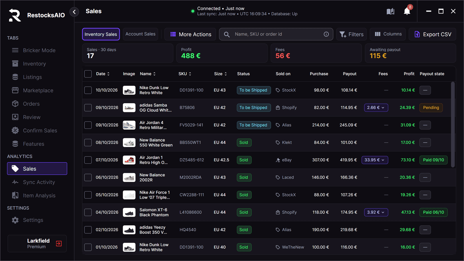 The Sales tab: each sale with marketplace, purchase price, payout, fees, profit and payout state